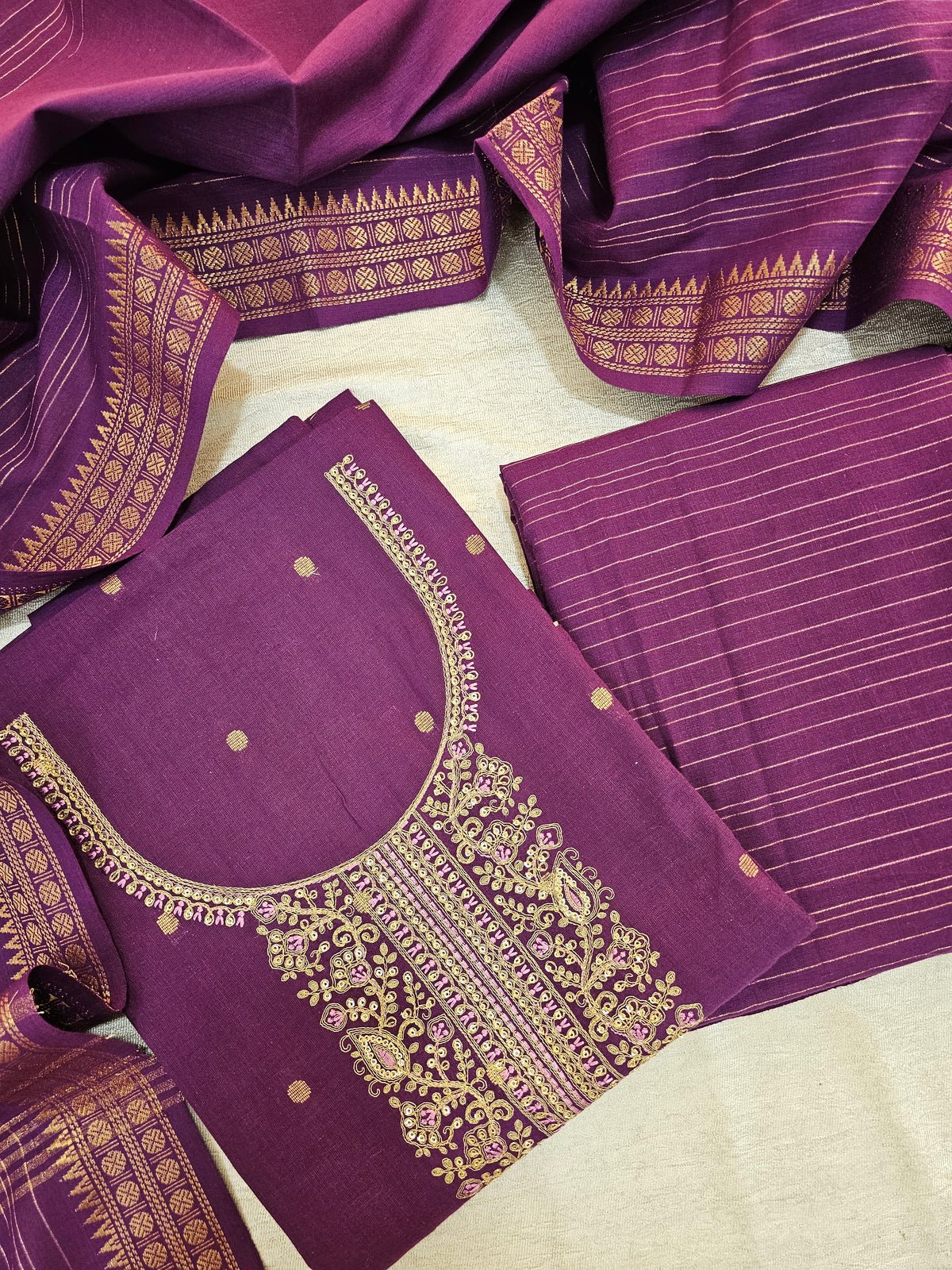 Cotton with Weaving Butti  - Dark Purple