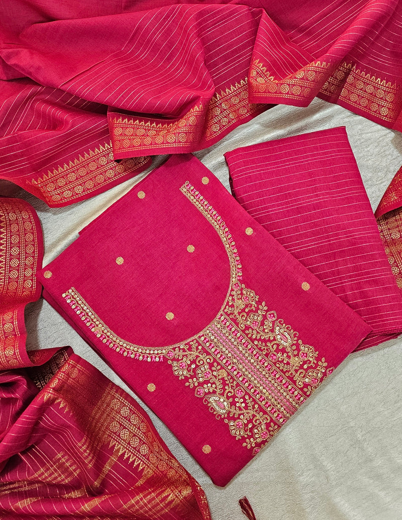 Cotton with Weaving Butti  - Pink