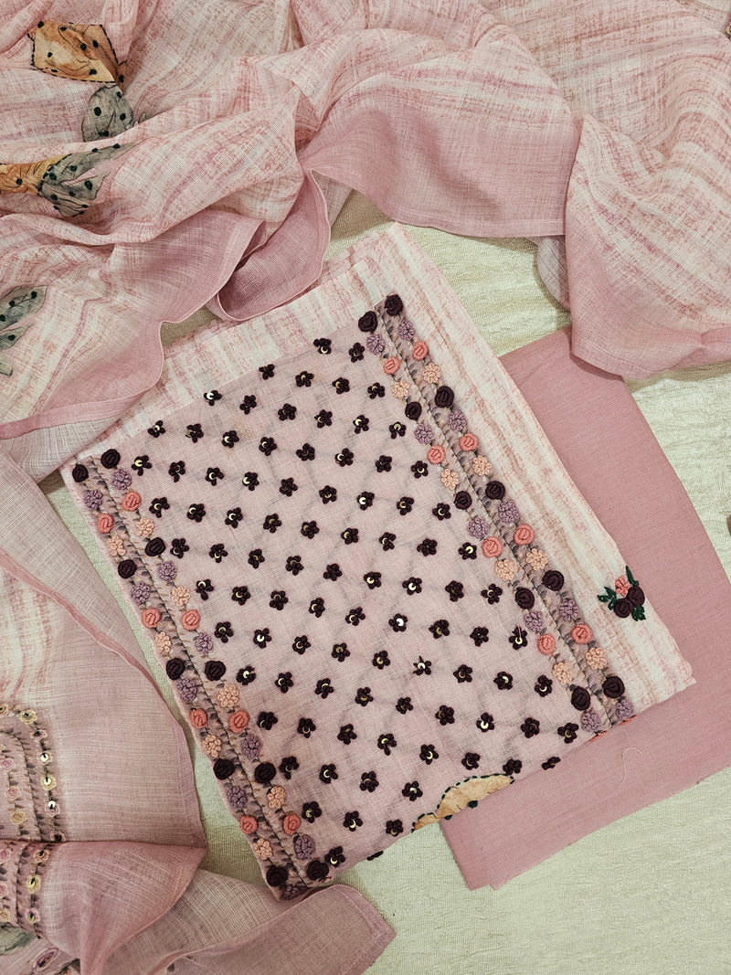 Linen Embrodry Unstitched Salwar - Onion Pink