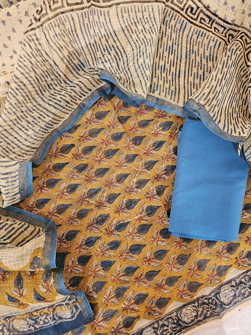 Kota Cotton Unstitched Salwar - Mustard with Blue