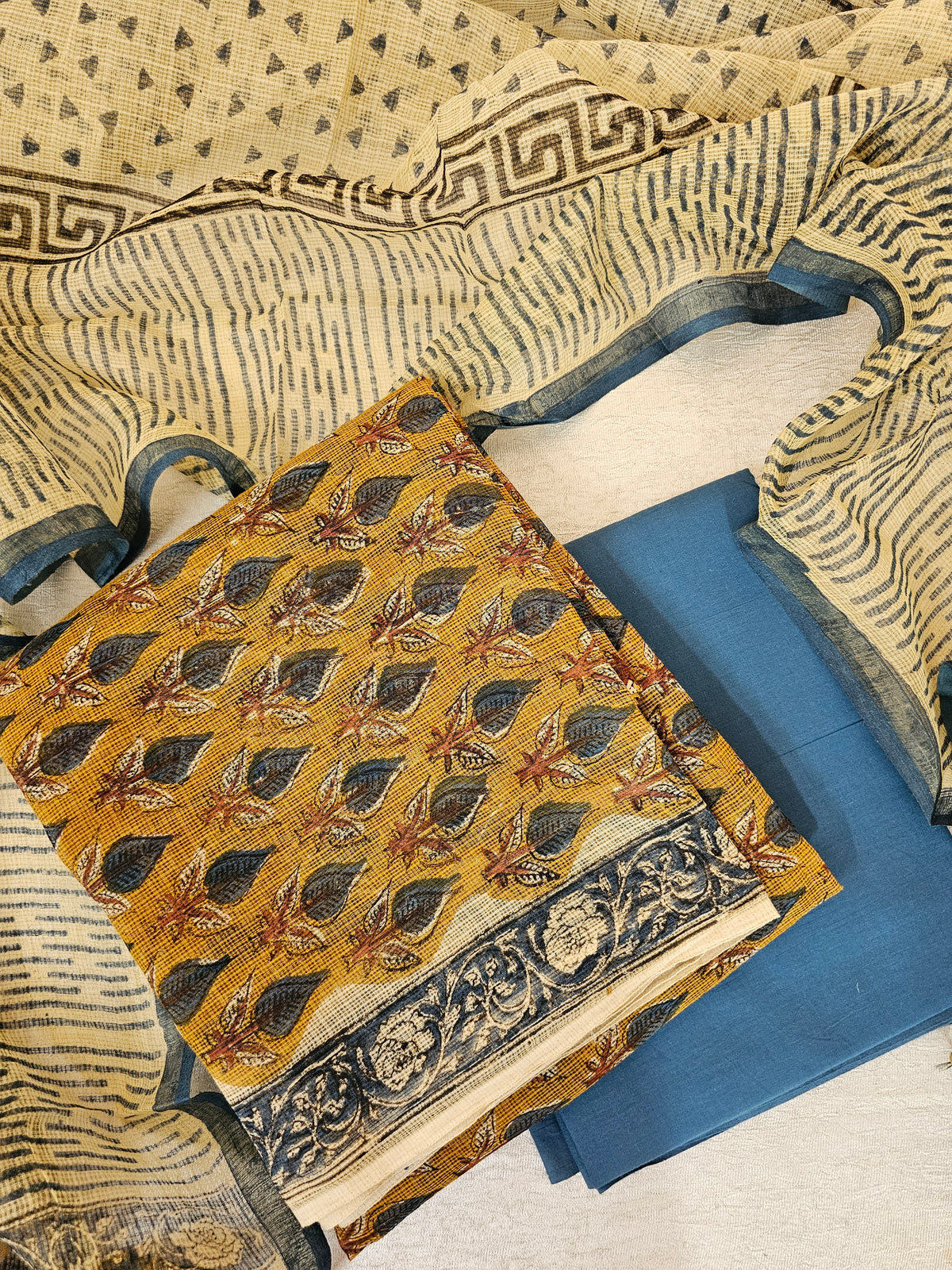 Kota Cotton Unstitched Salwar - Mustard with Blue