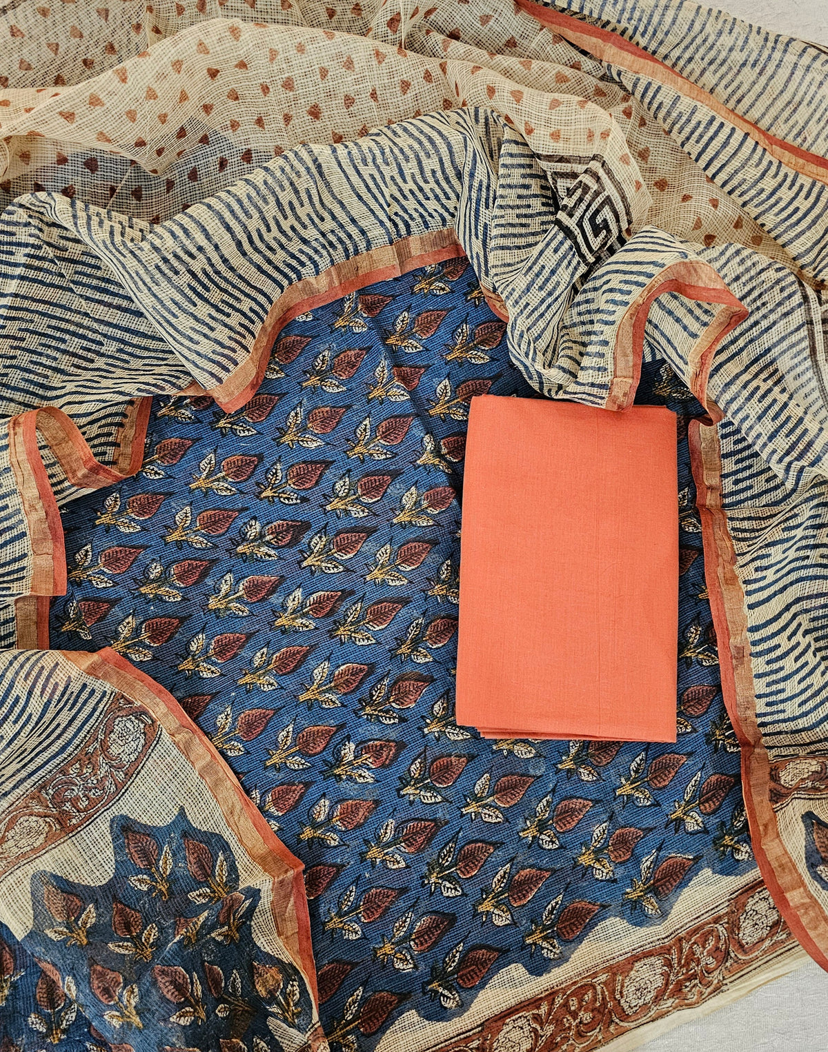 Kota Cotton Unstitched Salwar - Peacock Blue with Orange