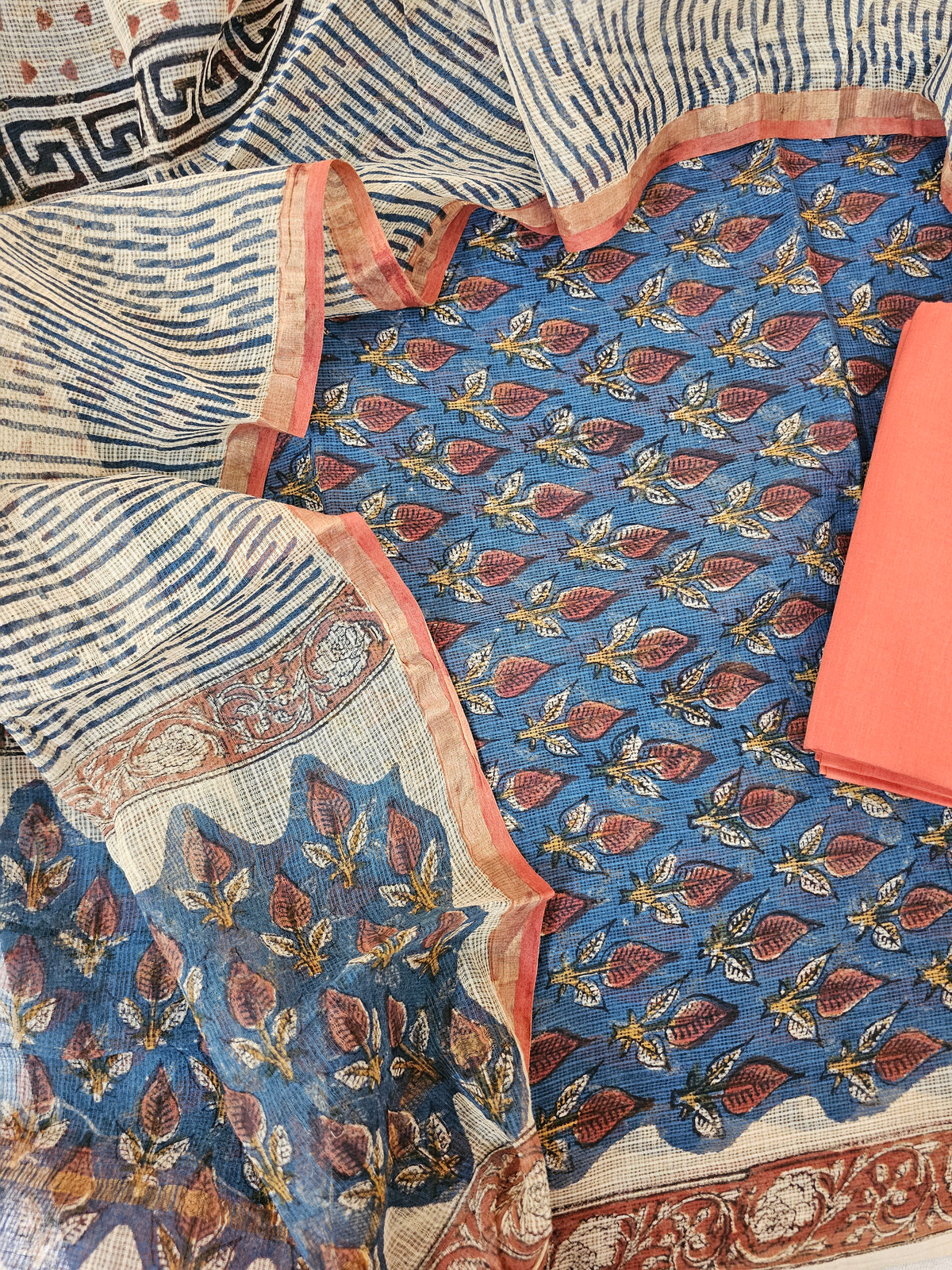 Kota Cotton Unstitched Salwar - Peacock Blue with Orange