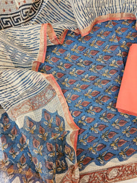 Kota Cotton Unstitched Salwar - Peacock Blue with Orange