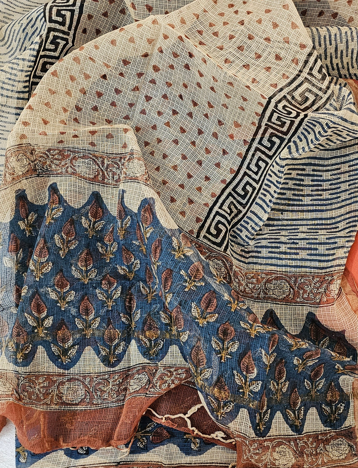 Kota Cotton Unstitched Salwar - Peacock Blue with Orange