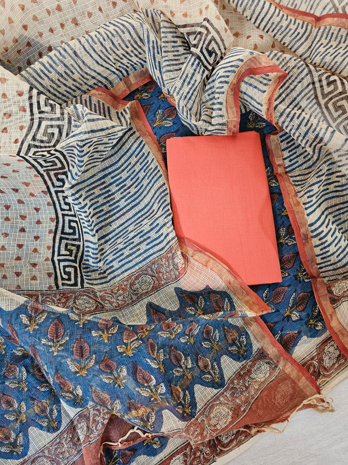 Kota Cotton Unstitched Salwar - Peacock Blue with Orange