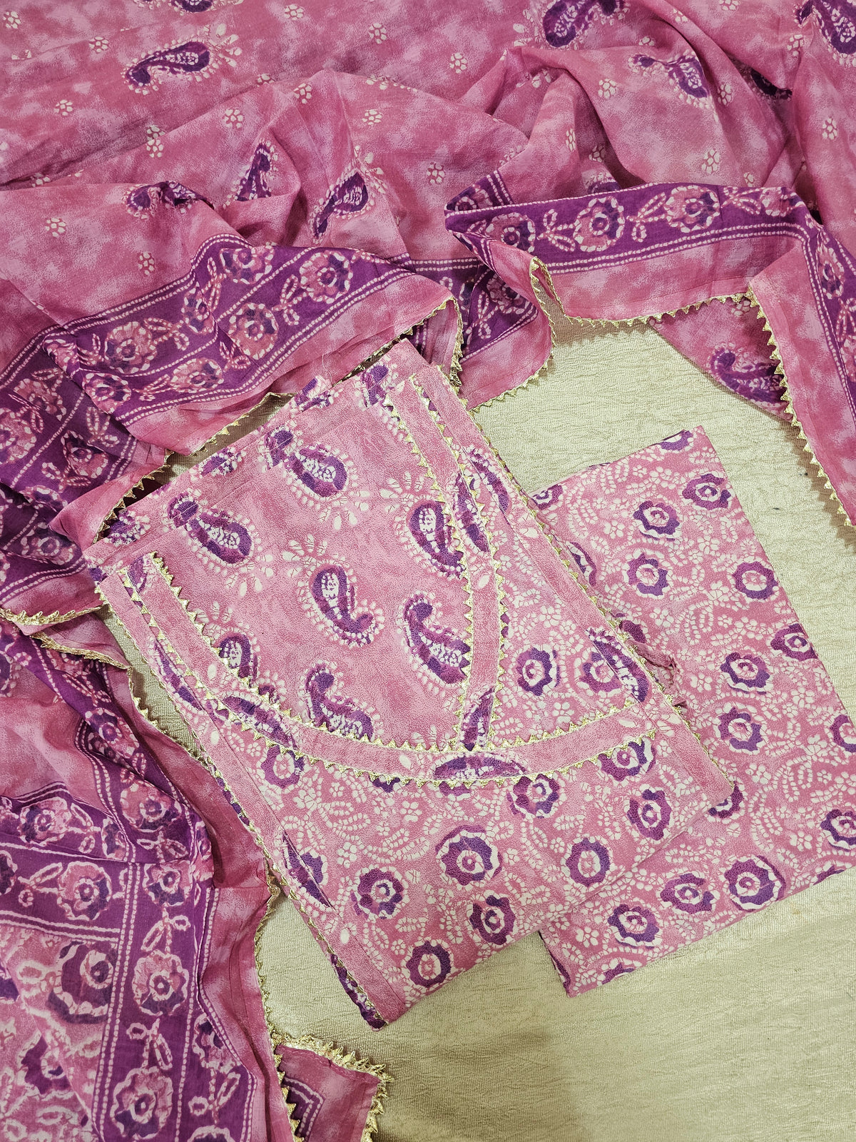 Cotton Unstitched Salwar - Pink with Lavender