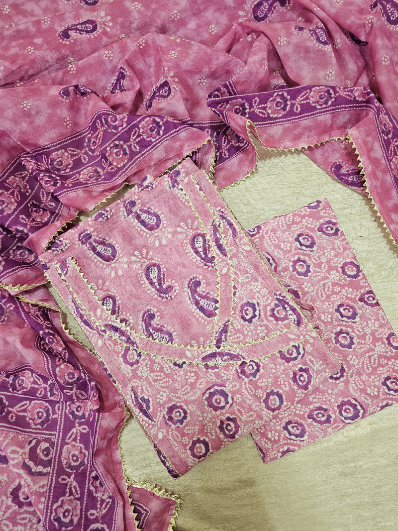 Cotton Unstitched Salwar - Pink with Lavender