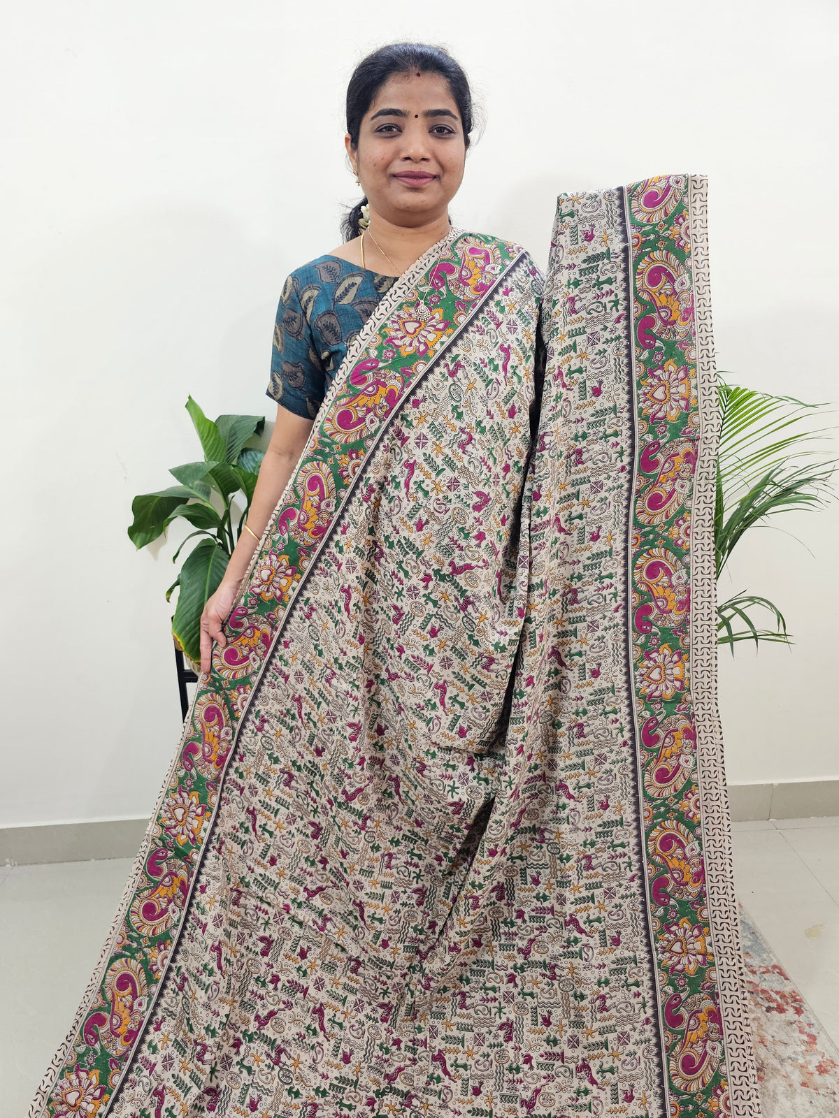 Cotton Kalamkari Saree -Cream with Green