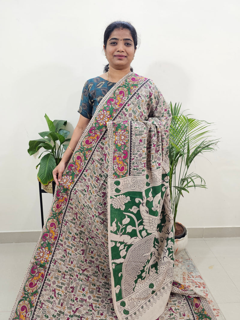 Cotton Kalamkari Saree -Cream with Green