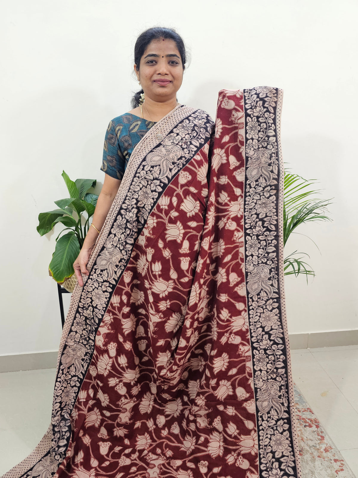 Cotton Kalamkari Saree - Maroon With Black