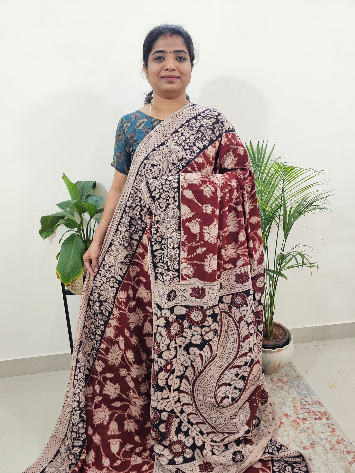Cotton Kalamkari Saree - Maroon With Black