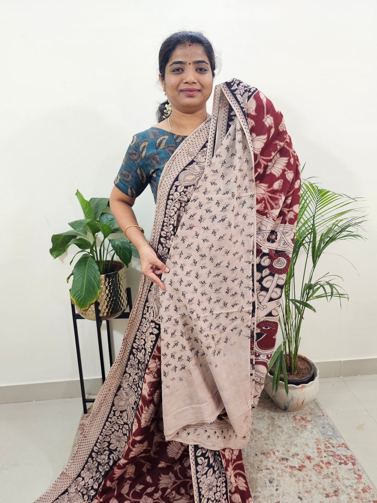 Cotton Kalamkari Saree - Maroon With Black