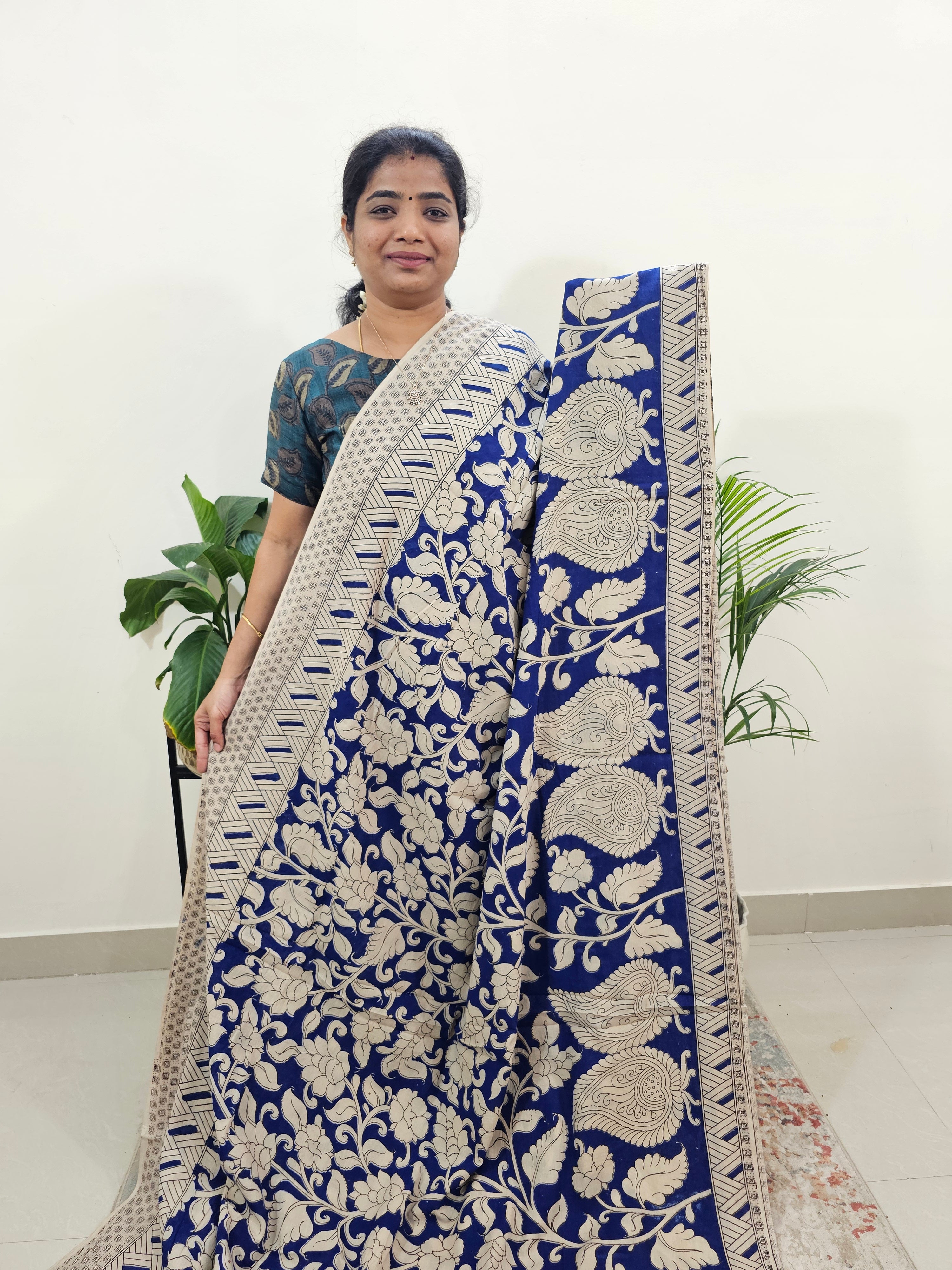 Cotton Kalamkari Saree -Blue – Looms Legacy