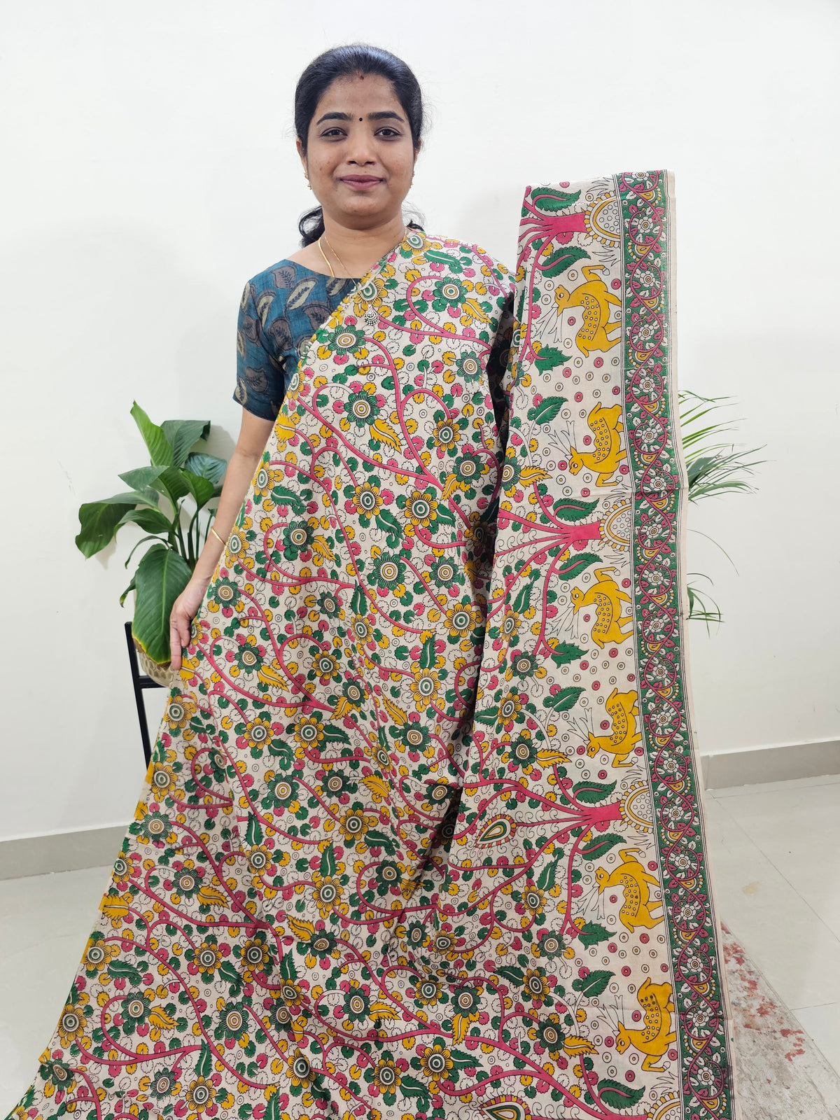 Cotton Kalamkari Saree - Yellow with Green
