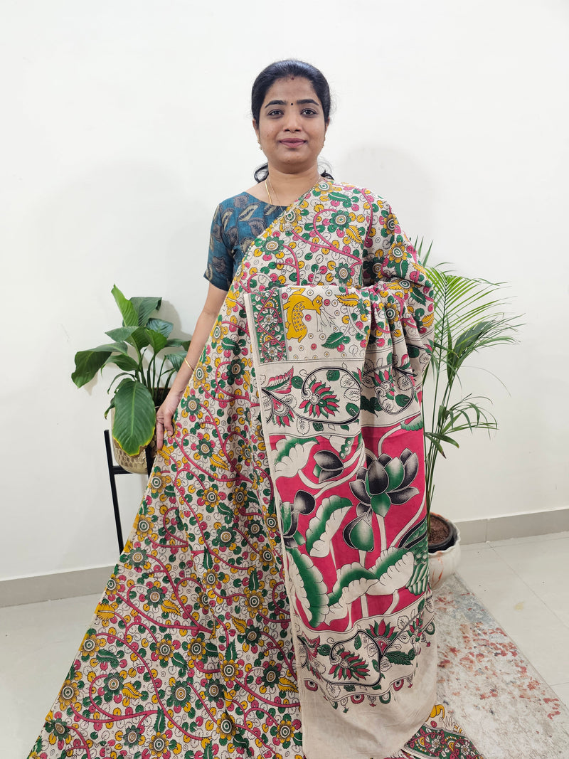 Cotton Kalamkari Saree - Yellow with Green