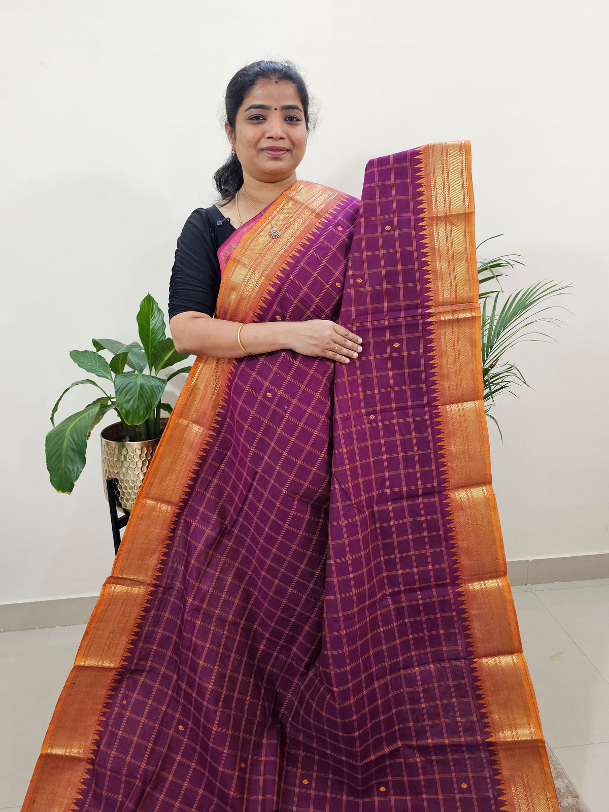 Kanchi Cotton Saree Checks  - Dark Purple