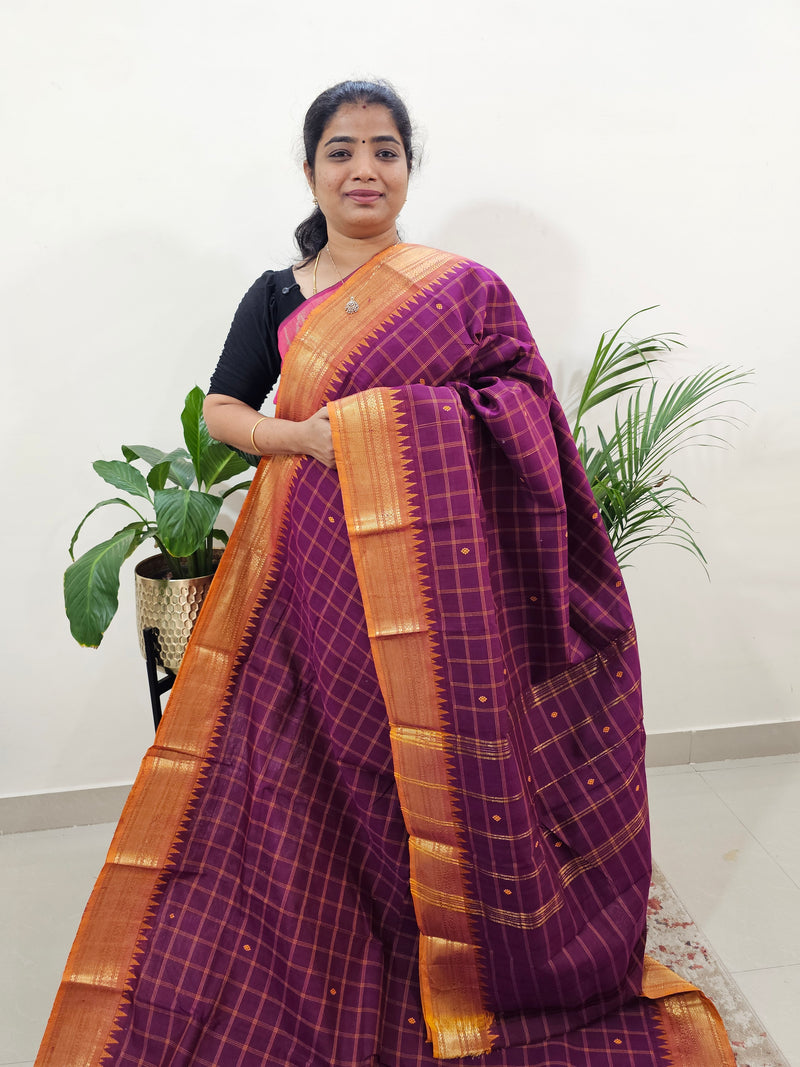 Kanchi Cotton Saree Checks  - Dark Purple