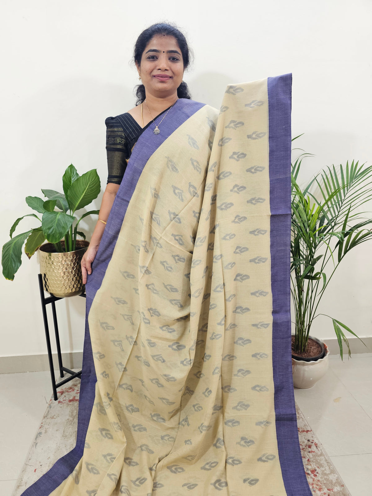 Soft Cotton Sarees -  Cream With  Dark Blue