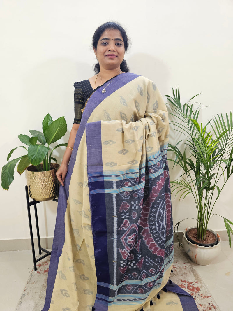 Soft Cotton Sarees -  Cream With  Dark Blue