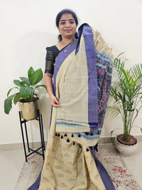 Soft Cotton Sarees -  Cream With  Dark Blue