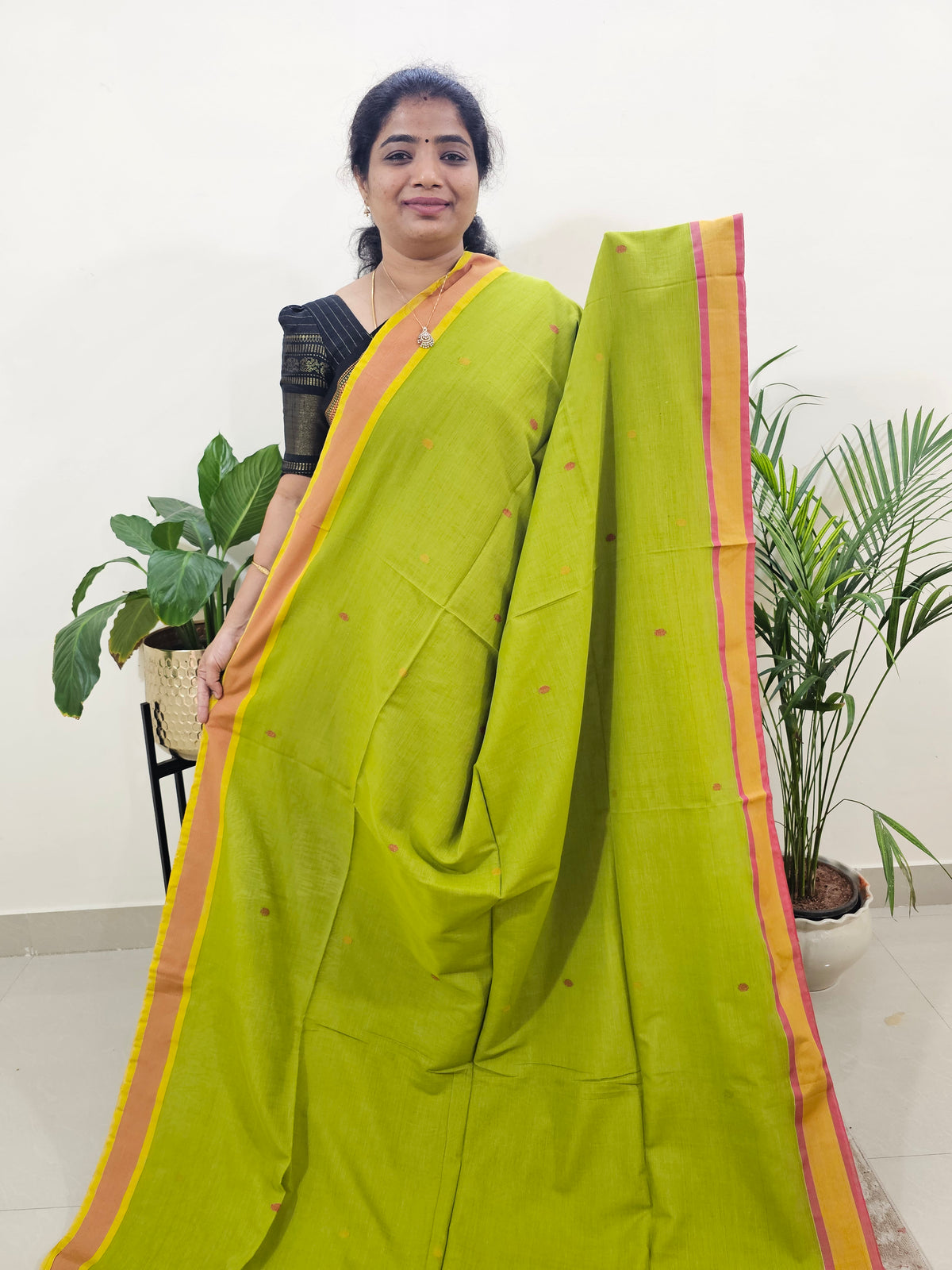 Soft Cotton Sarees -  Green With Orange