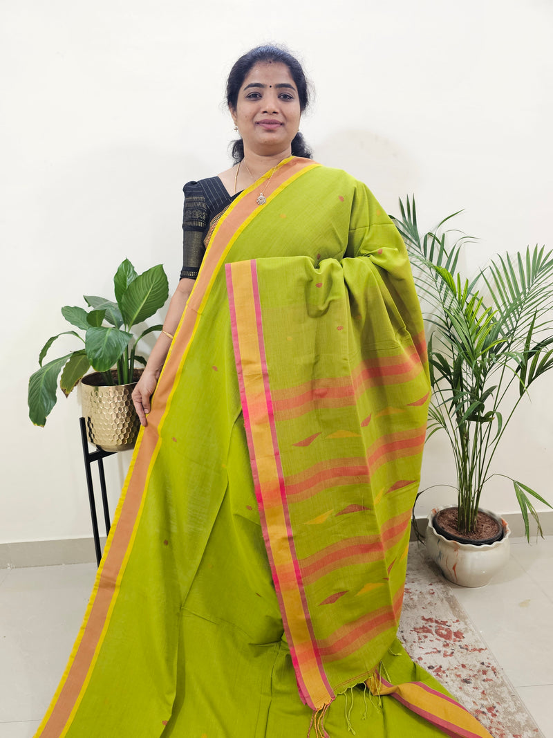 Soft Cotton Sarees -  Green With Orange
