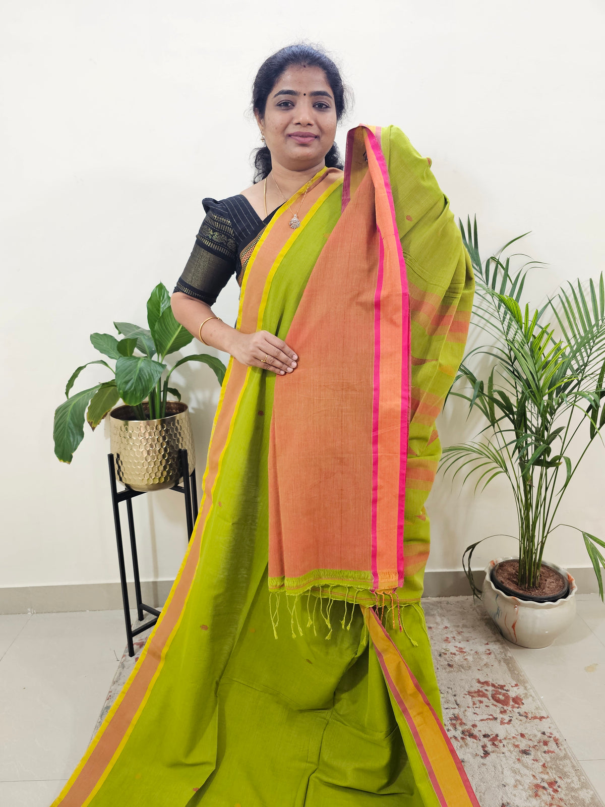 Soft Cotton Sarees -  Green With Orange