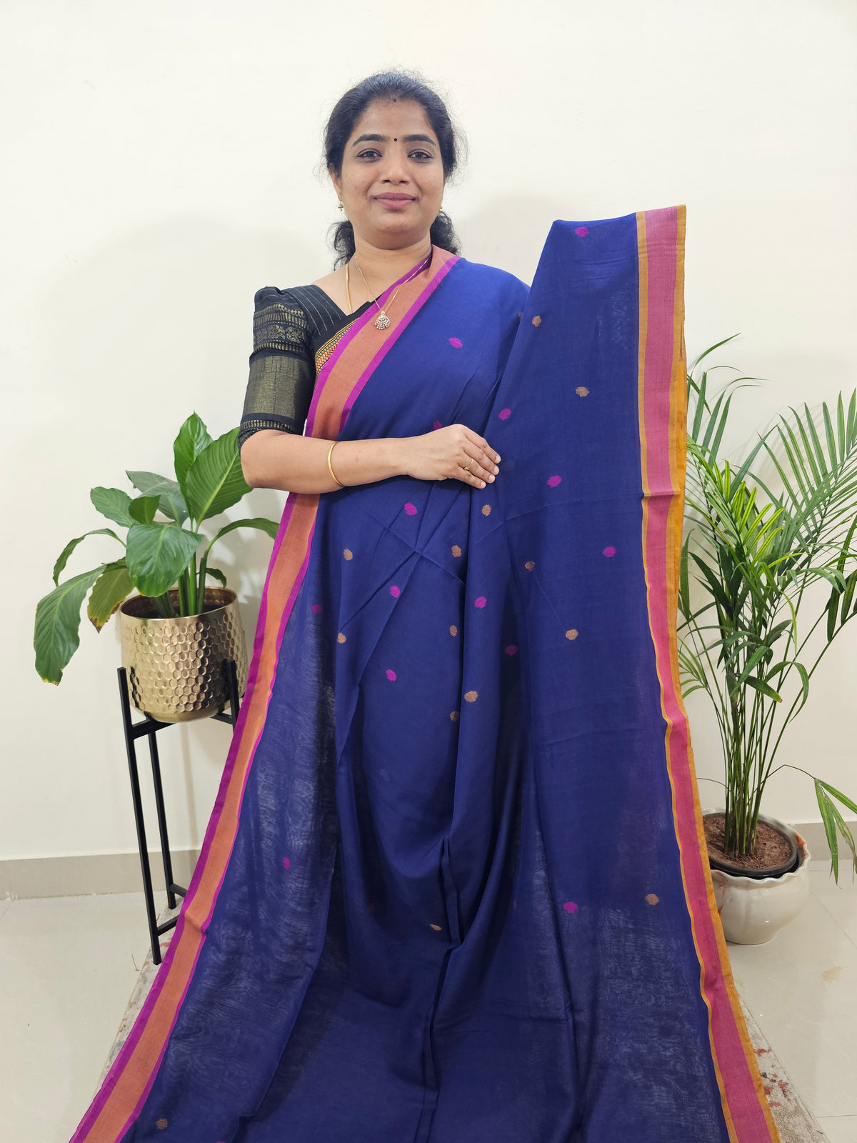 Soft Cotton Sarees -  Blue With Pink