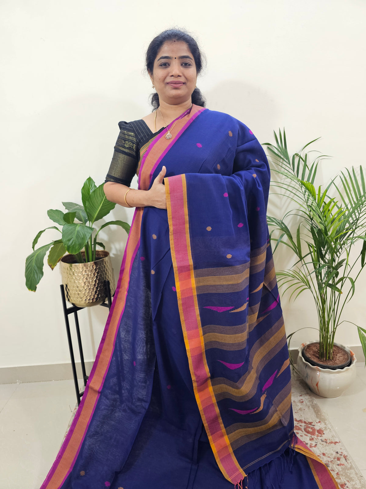 Soft Cotton Sarees -  Blue With Pink