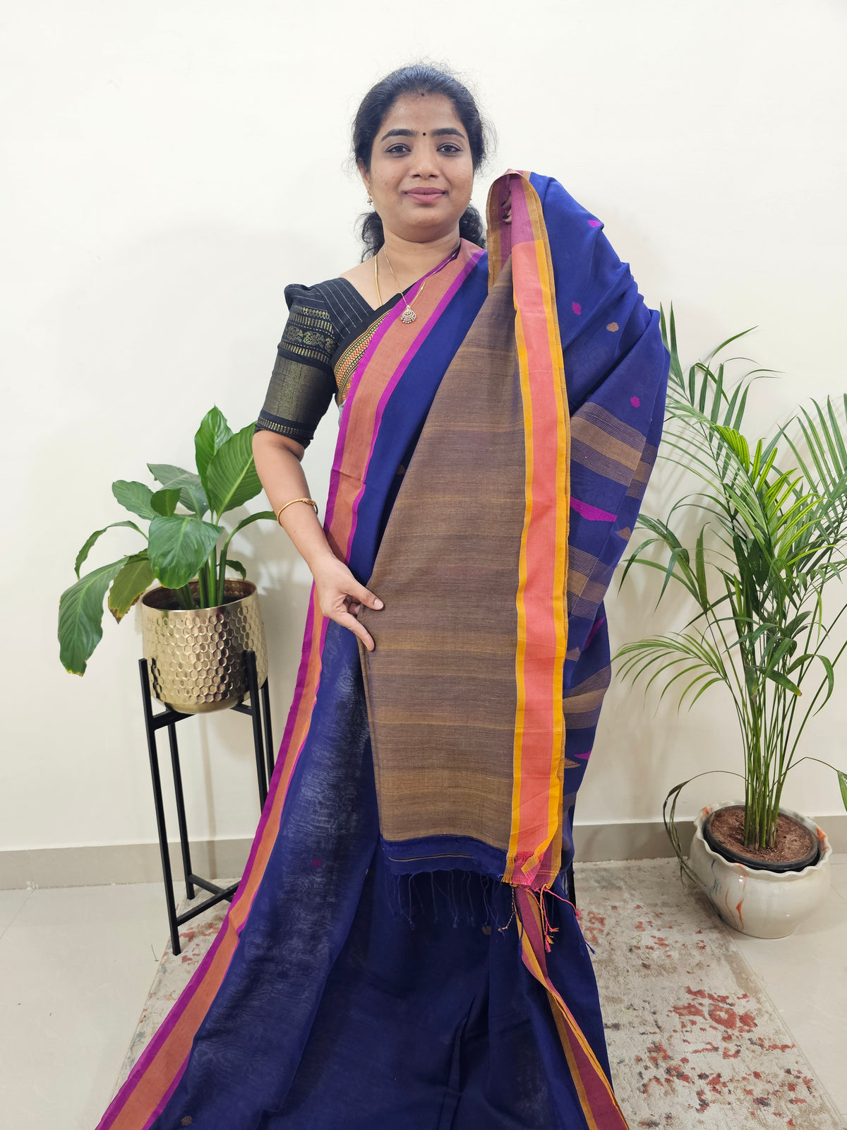 Soft Cotton Sarees -  Blue With Pink