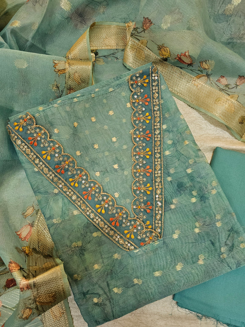 Premium Orgnza with V Neck Scalap Unstitched Salwar Suit - Sea Blue