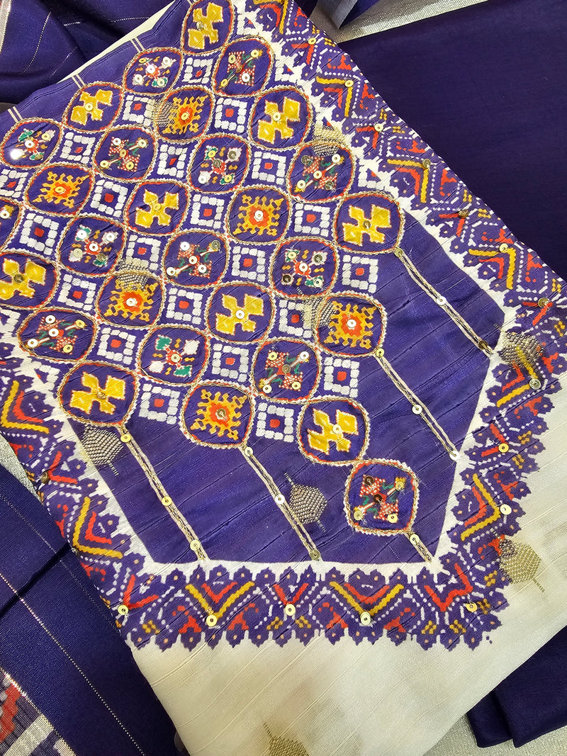 Premium Silk with Patola Pattern Unstitched Salwar Suit - Off-white with Purple