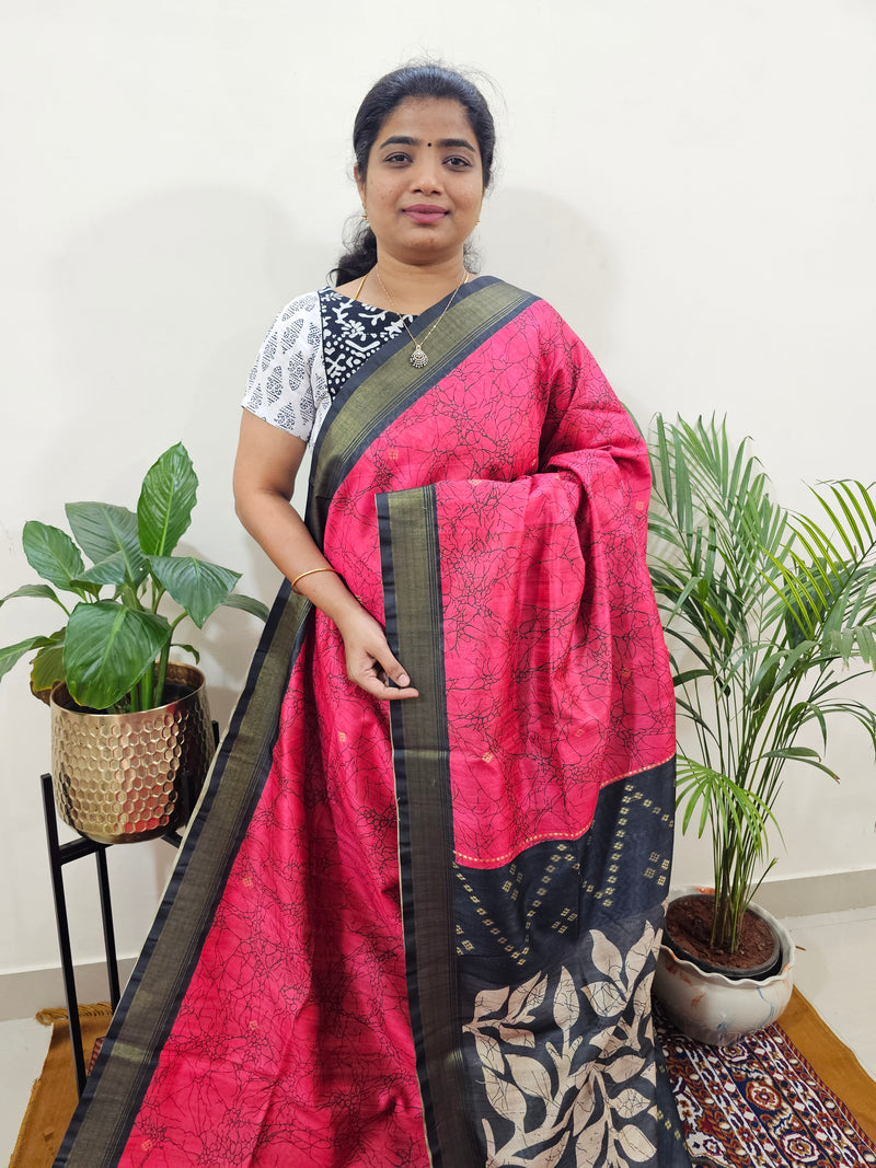 Soft Semi Tussar Weaving with Soft Zari Border - Pink  with Grey