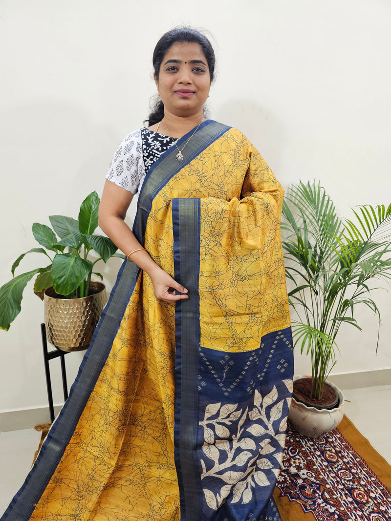 Soft Semi Tussar Weaving with Soft Zari Border - Yellow with Blue