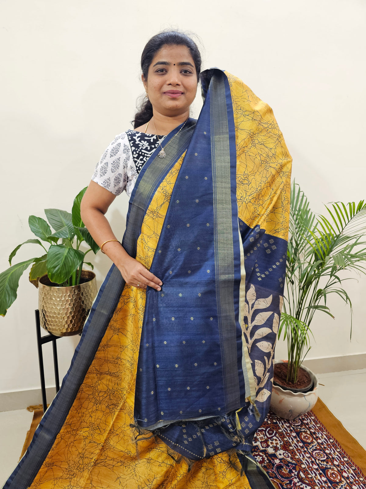 Soft Semi Tussar Weaving with Soft Zari Border - Yellow with Blue