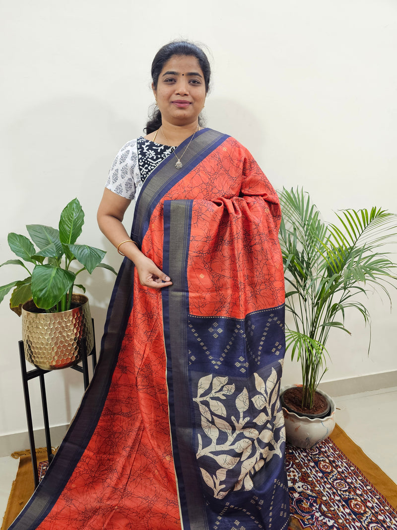 Soft Semi Tussar Weaving with Soft Zari Border - Orange  with Blue
