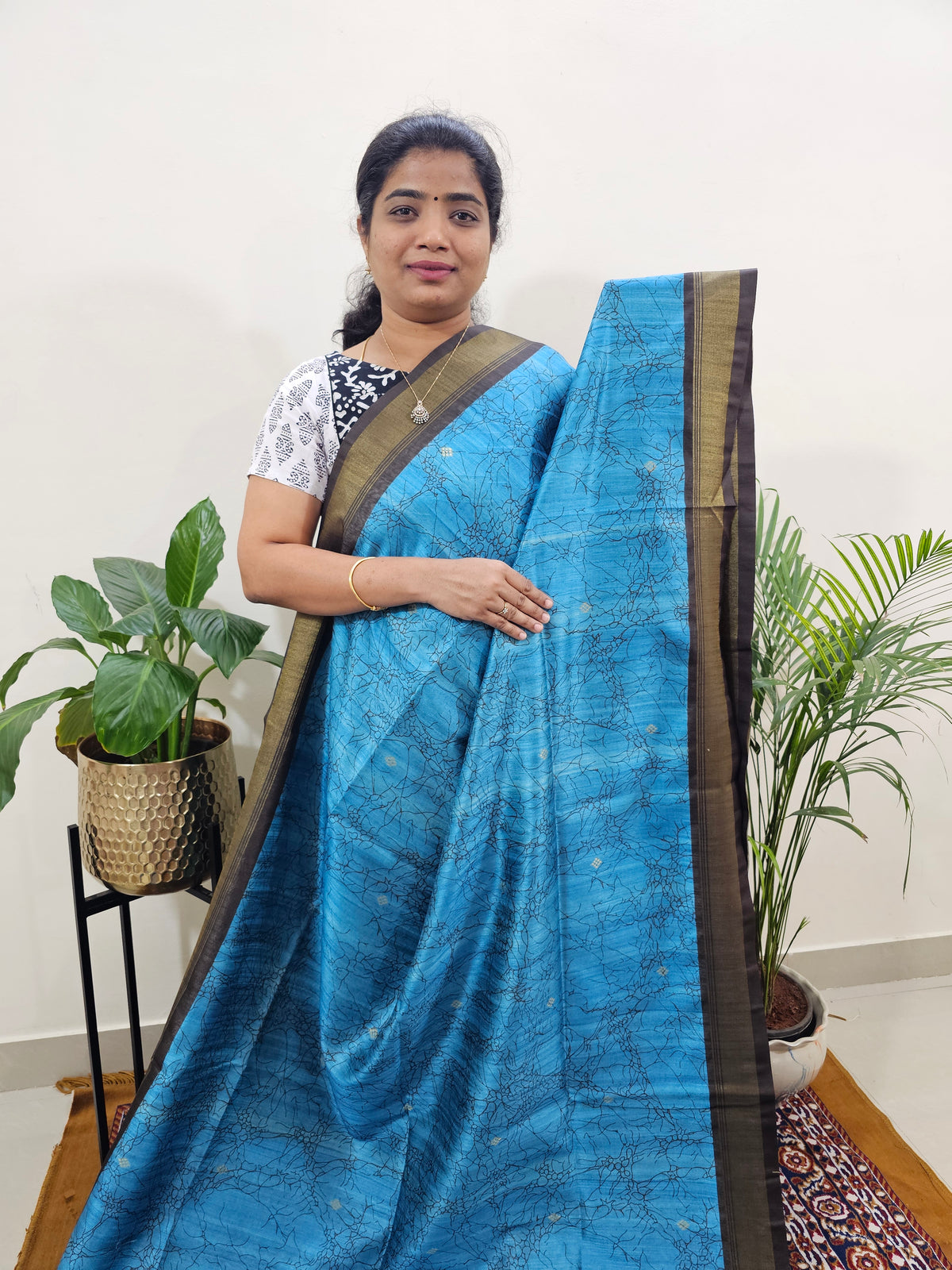 Soft Semi Tussar Weaving with Soft Zari Border - Blue with Grey