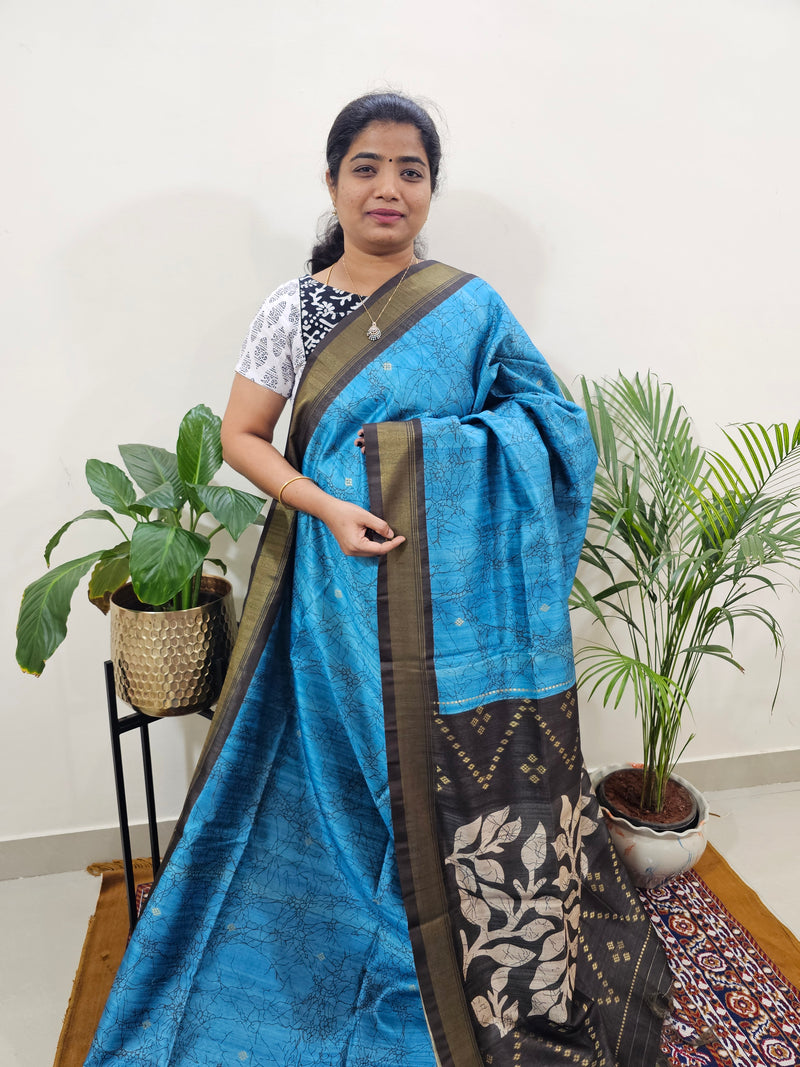 Soft Semi Tussar Weaving with Soft Zari Border - Blue with Grey