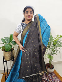 Soft Semi Tussar Weaving with Soft Zari Border - Blue with Grey