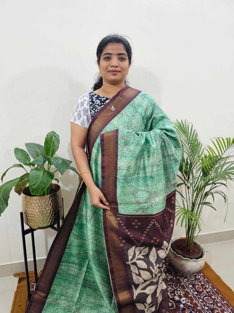 Soft Semi Tussar Weaving with Soft Zari Border - Green with Maroon