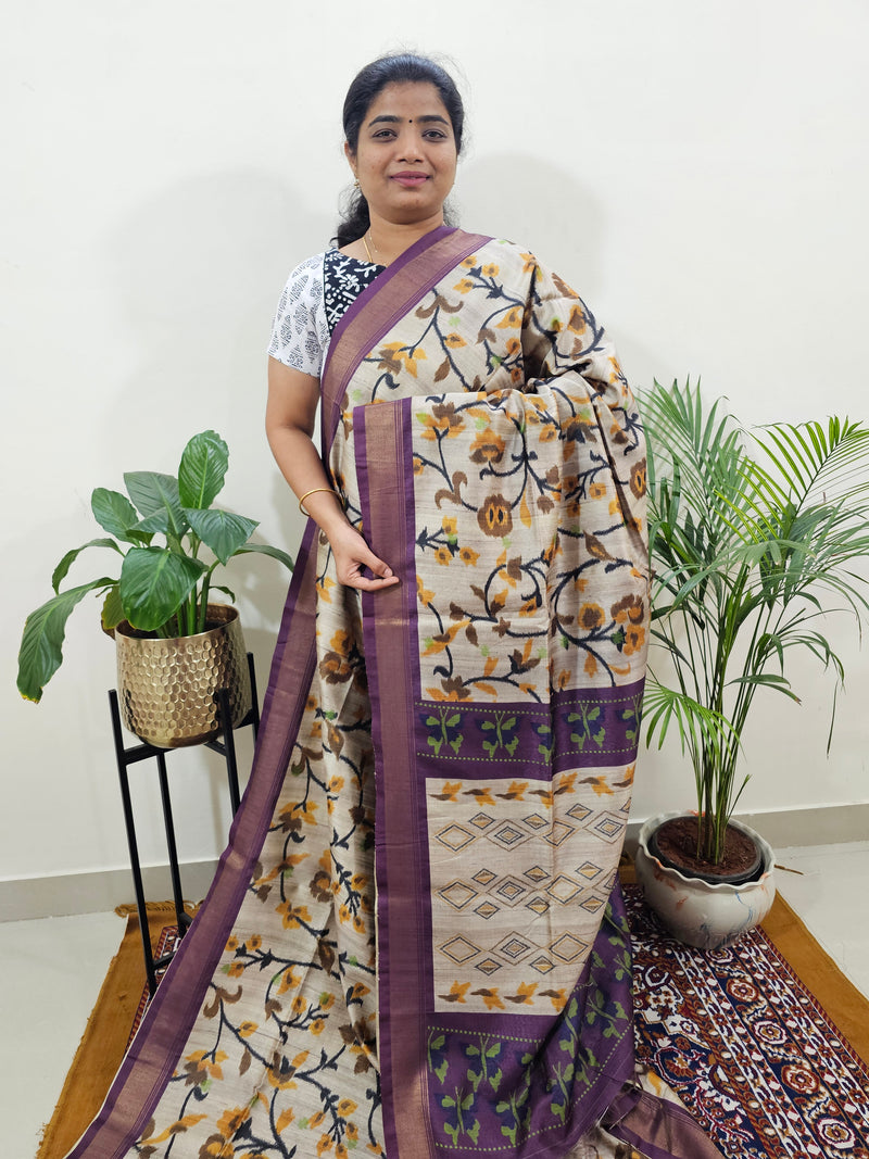 Soft Semi Tussar Weaving with Soft Zari Border - Orange with Purple