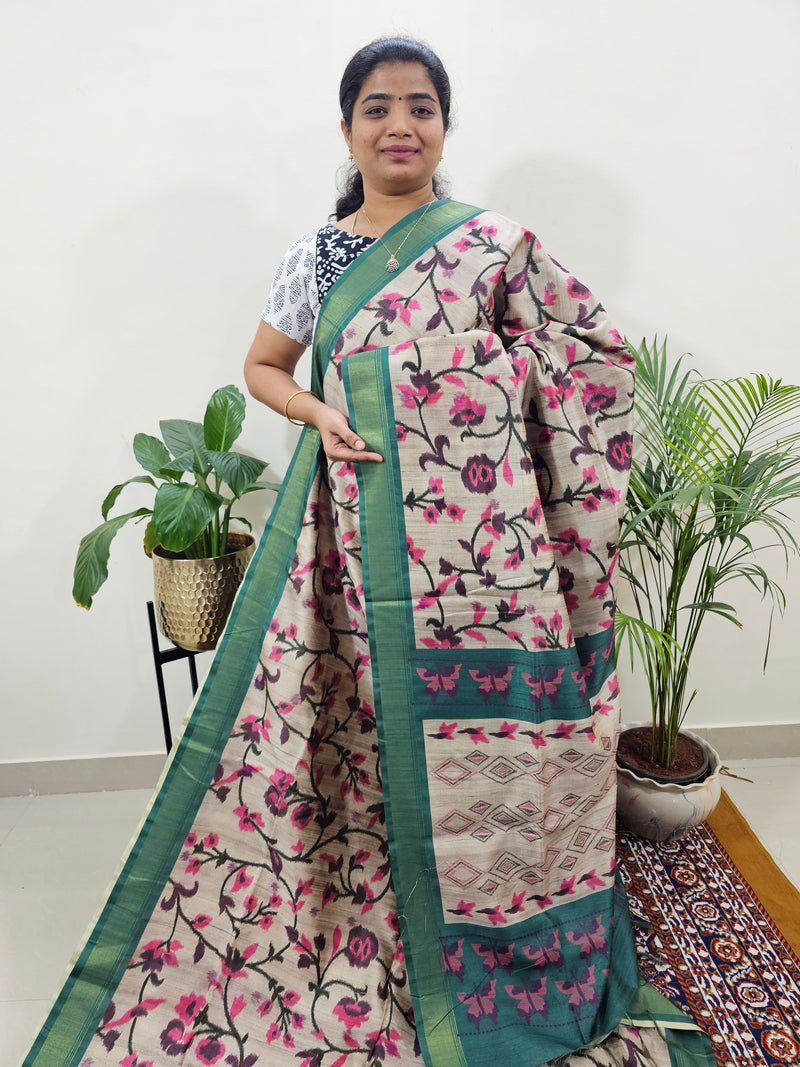 Soft Semi Tussar Weaving with Soft Zari Border - Pink with Green