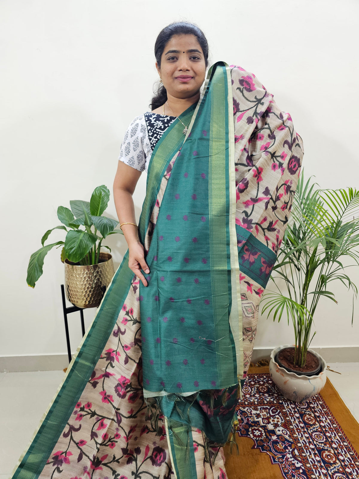 Soft Semi Tussar Weaving with Soft Zari Border - Pink with Green