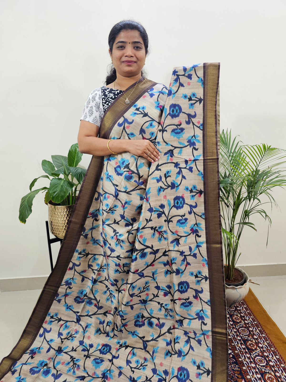 Soft Semi Tussar Weaving with Soft Zari Border - Blue with Brown