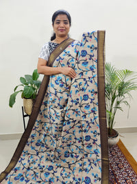 Soft Semi Tussar Weaving with Soft Zari Border - Blue with Brown