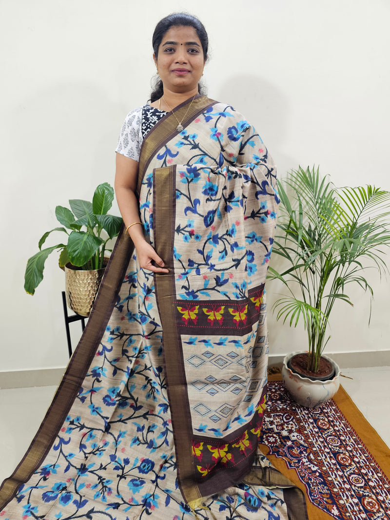 Soft Semi Tussar Weaving with Soft Zari Border - Blue with Brown