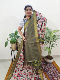 Soft Semi Tussar Weaving with Soft Zari Border - Red with Mehndi Green
