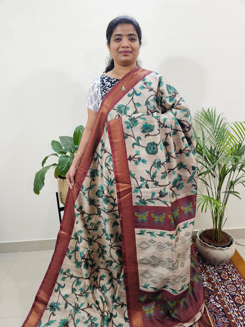Soft Semi Tussar Weaving with Soft Zari Border - Green with Maroon