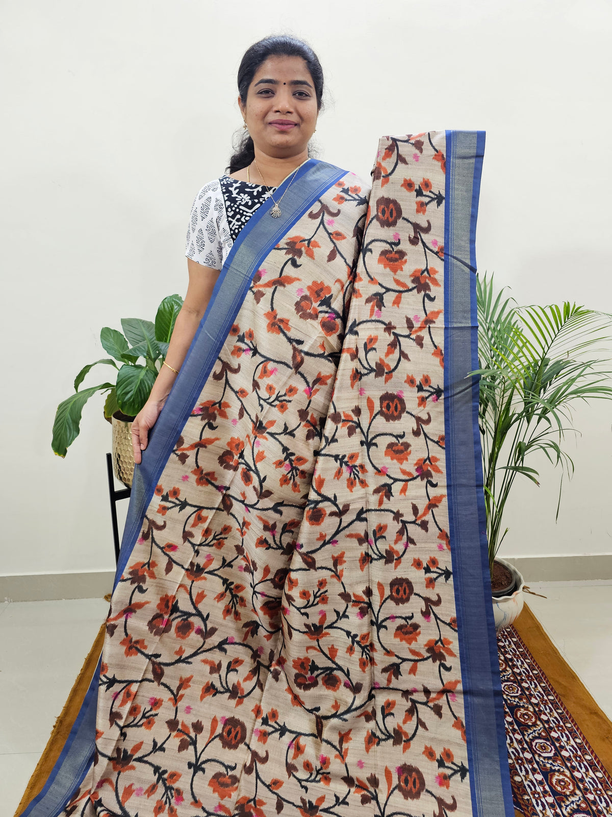 Soft Semi Tussar Weaving with Soft Zari Border - Orange with Blue